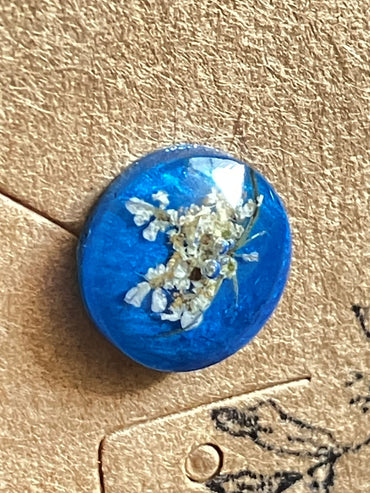 Blue resin stud earrings encasing real Queen Anne’s Lace flowers handmade by R&D Floral.