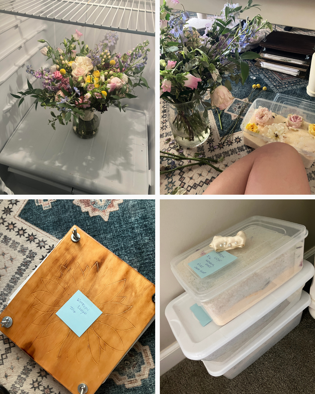 Behind the scenes of bouquet preservation at R&D Floral — fresh flowers kept cool, being hand-prepared, and set in resin for a lasting wedding keepsake