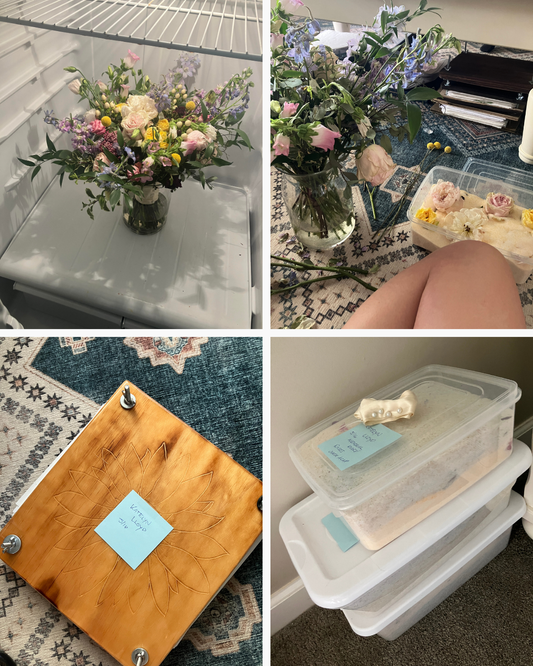 Behind the scenes of bouquet preservation at R&D Floral — fresh flowers kept cool, being hand-prepared, and set in resin for a lasting wedding keepsake