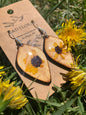 Wooden earrings with real Coreopsis flowers encased in resin, handmade by R & D Floral.