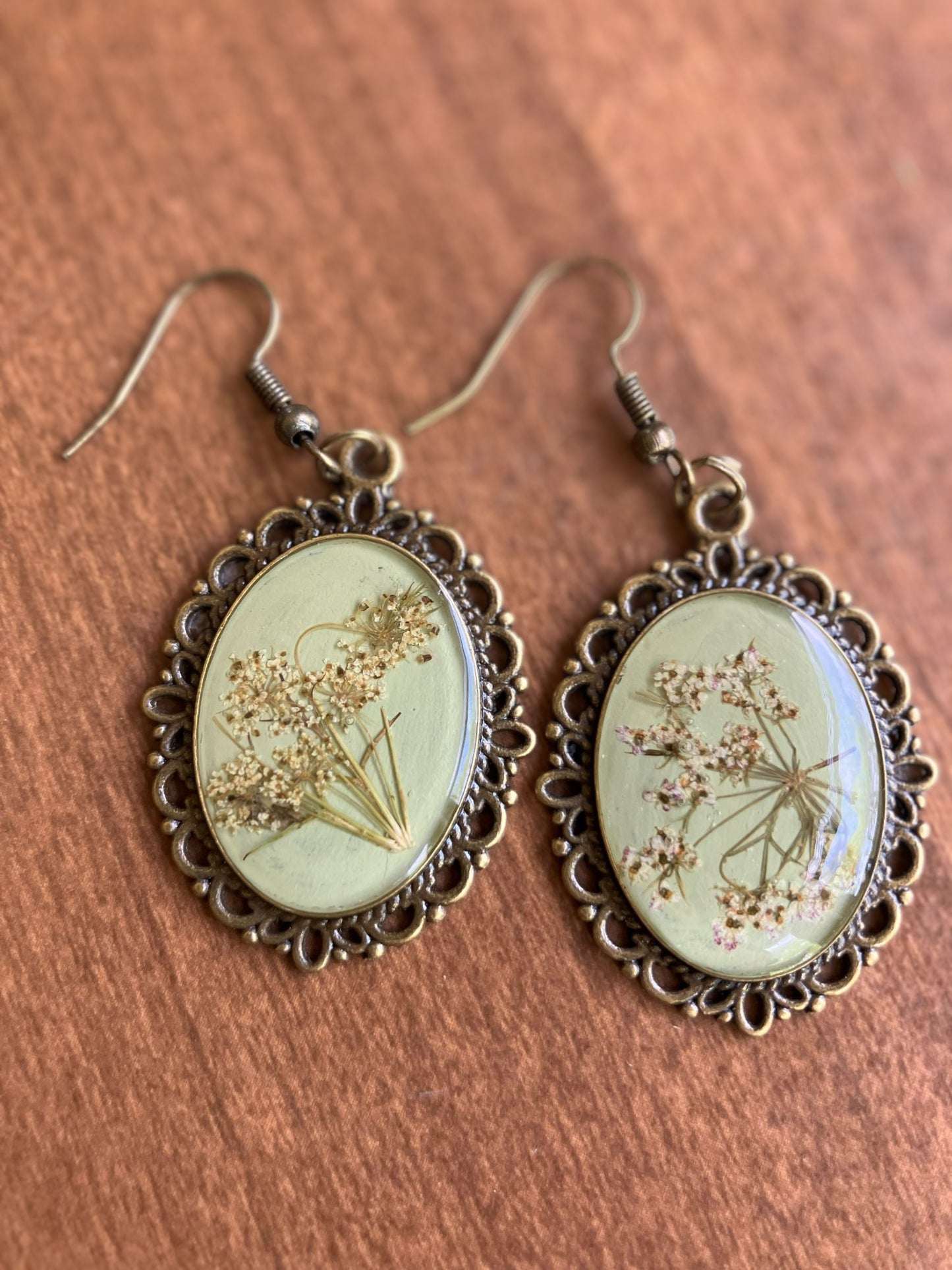 Queen Anne's Lace Victorian Oval Earrings — Real Wildflower Resin Earrings Handcrafted in Virginia