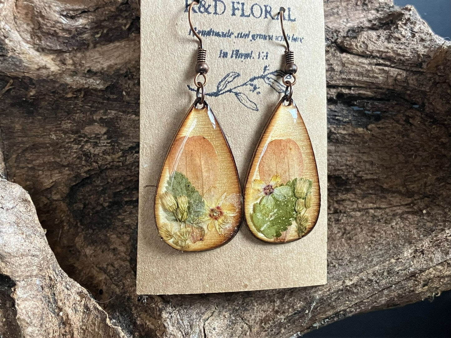 Artisan wooden earrings handmade with real zinnia, hypericum, and nepeta flowers encased in resin by R&N Floral.