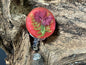 Handmade resin badge reel featuring real Dianthus flowers on a pink background by R & D Floral.
