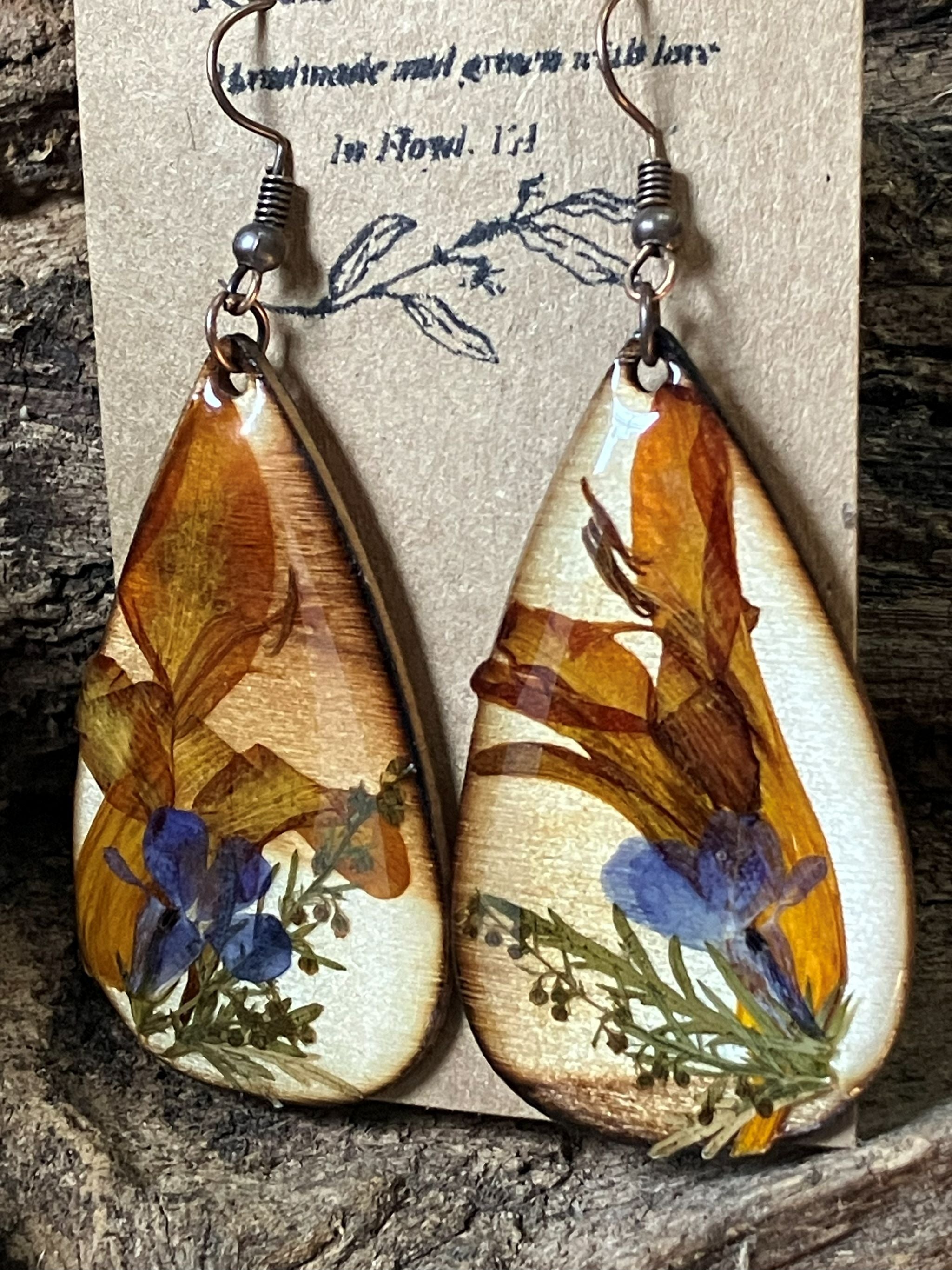 Lobelia, Crocosmia & Wormwood Wooden Earrings