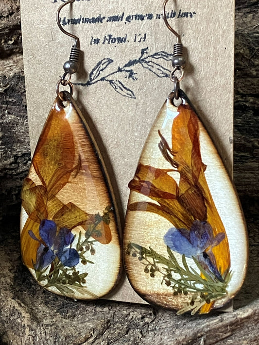 Lobelia, Crocosmia & Wormwood Wooden Earrings