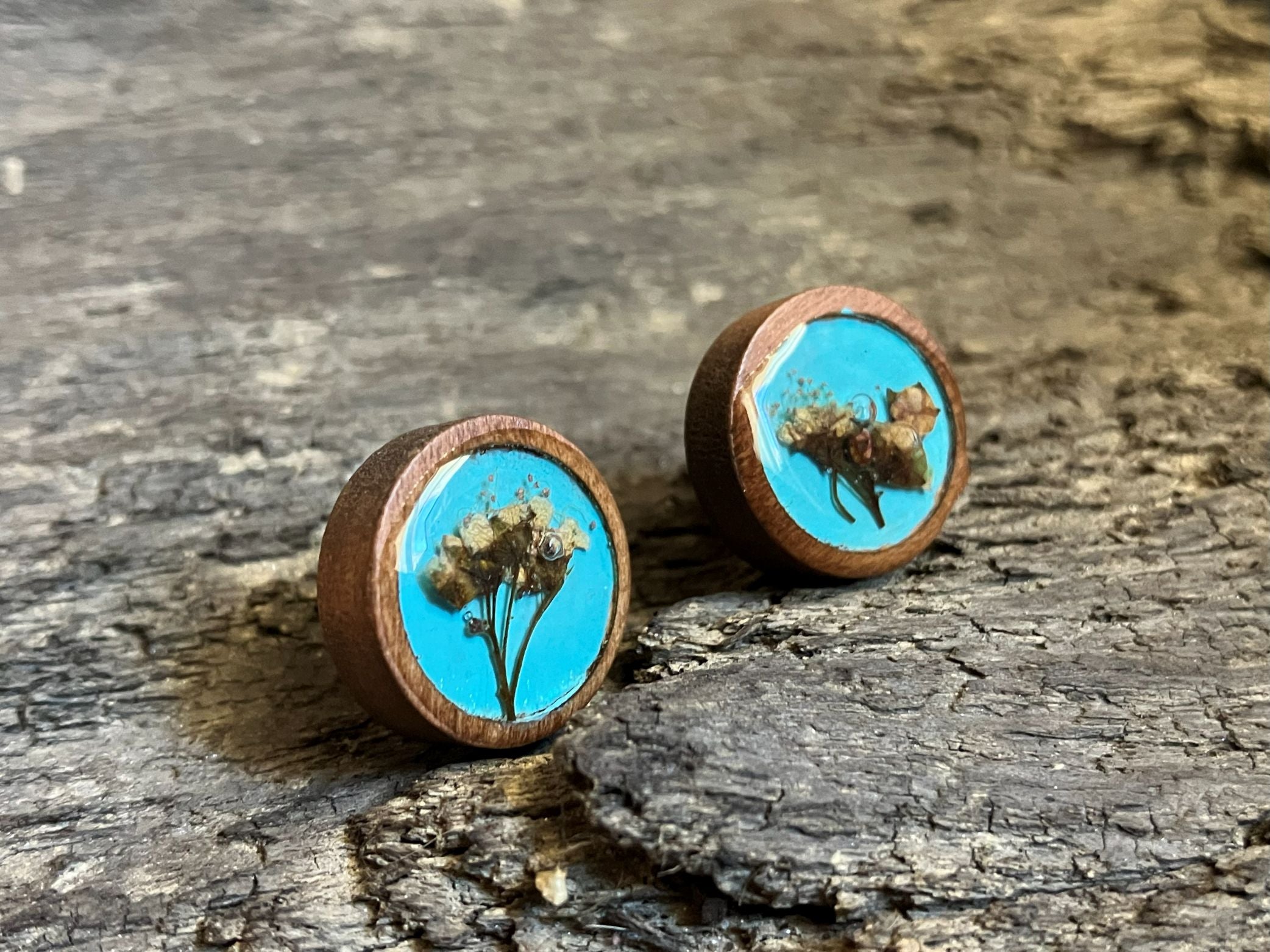 Hand-painted light blue wooden stud earrings with real pressed spirea flowers encased in resin by R & D Floral.