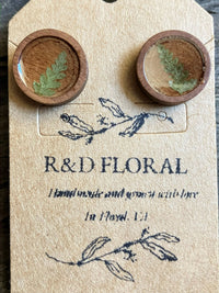 Handmade wooden stud earrings with real pressed fern leaves preserved in resin by R & D Floral.