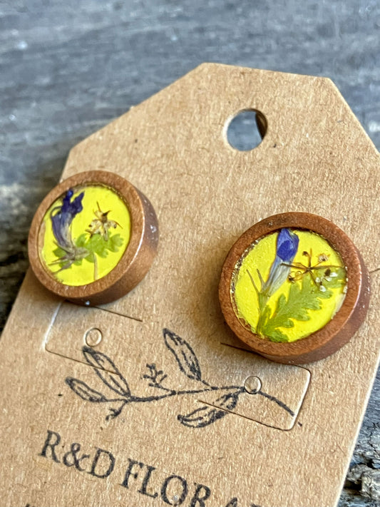 Hand-painted yellow wooden stud earrings with real salvia and fern preserved in resin by R & D Floral.
