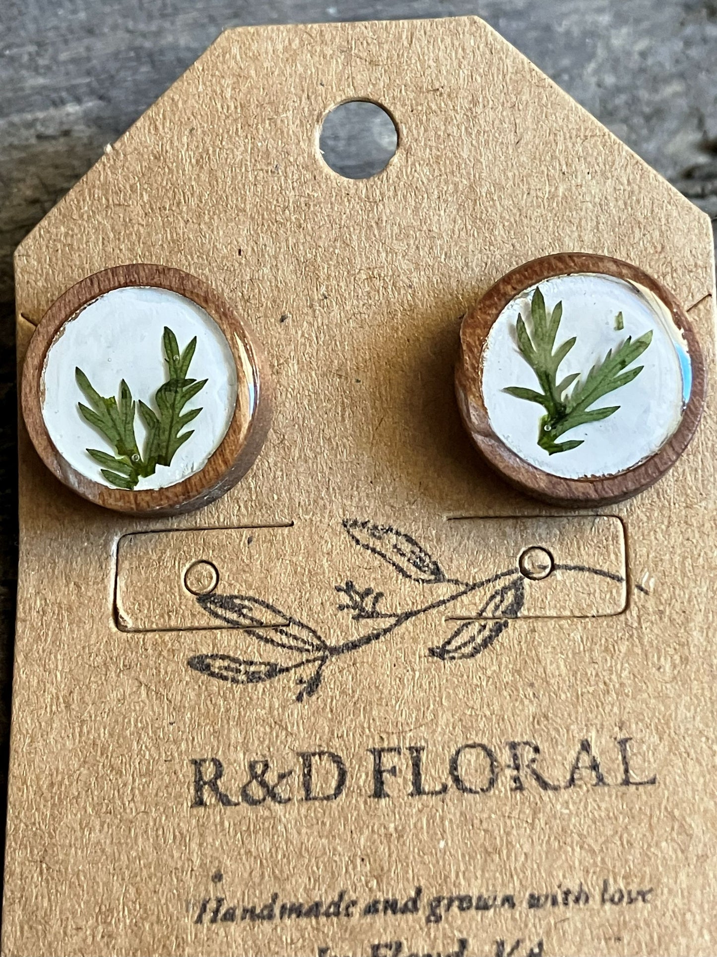 Hand-painted white wooden stud earrings with real wormwood encased in resin by R & D Floral.