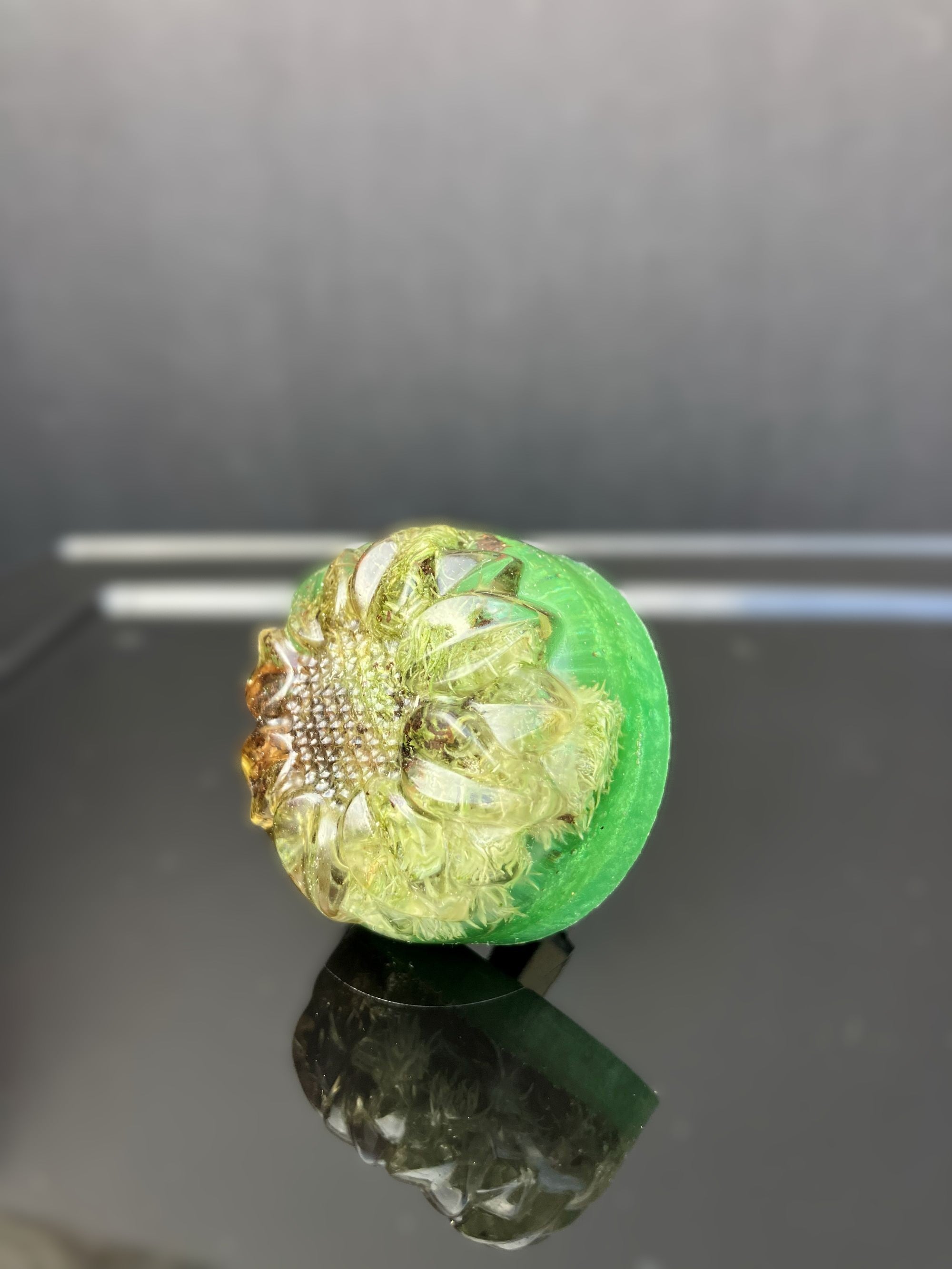 Handcrafted moss drawer knob made with real preserved moss encased in clear resin on silver hardware.