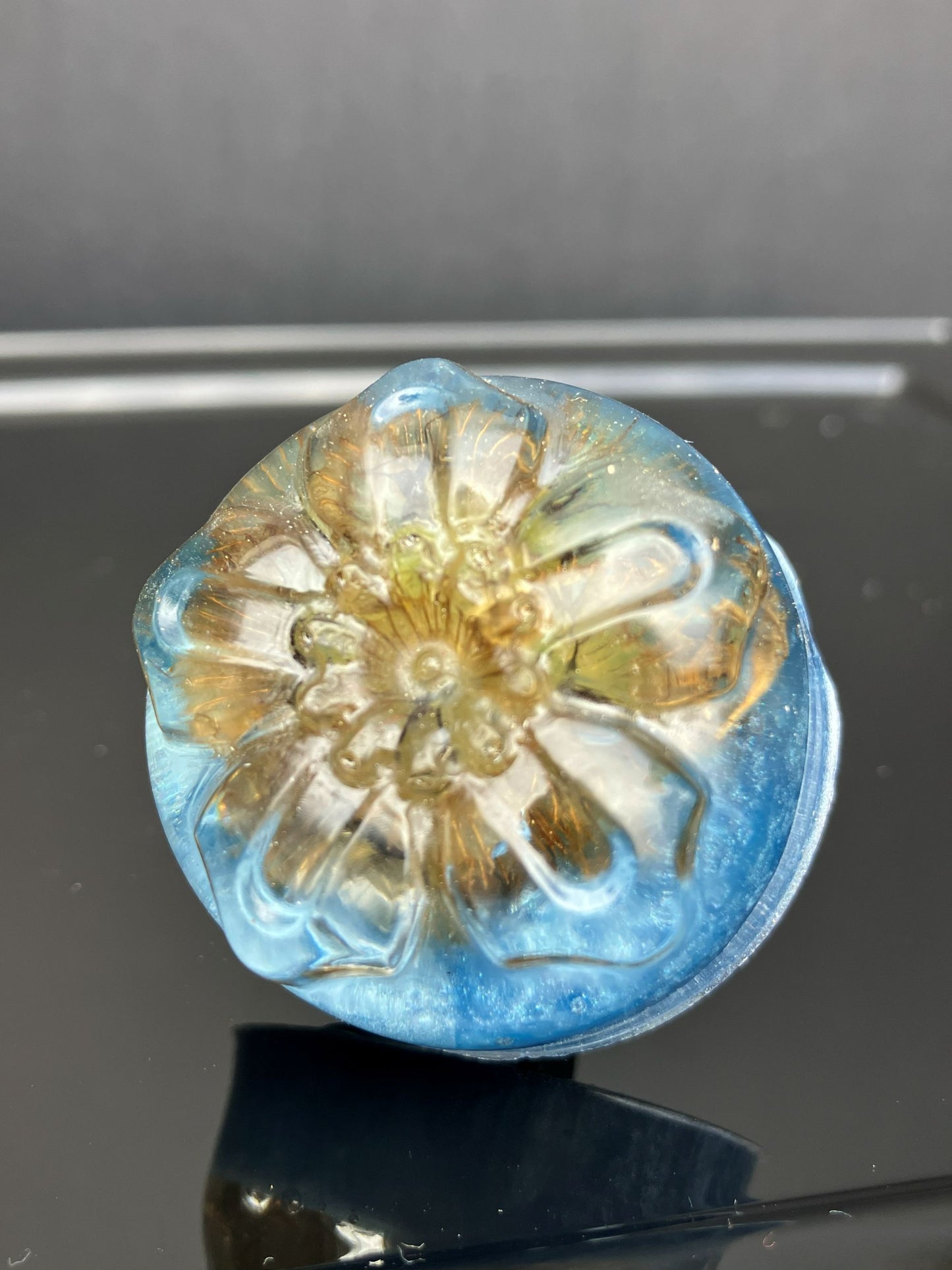 Drawer knob with a whole Scabiosa flower preserved in clear resin over a soft light blue background.