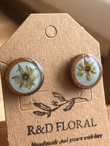 Wooden stud earrings encasing a small real Hypericum flower handmade by R & D Floral.