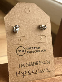 Wooden stud earrings encasing a small real Hypericum flower handmade by R & D Floral.
