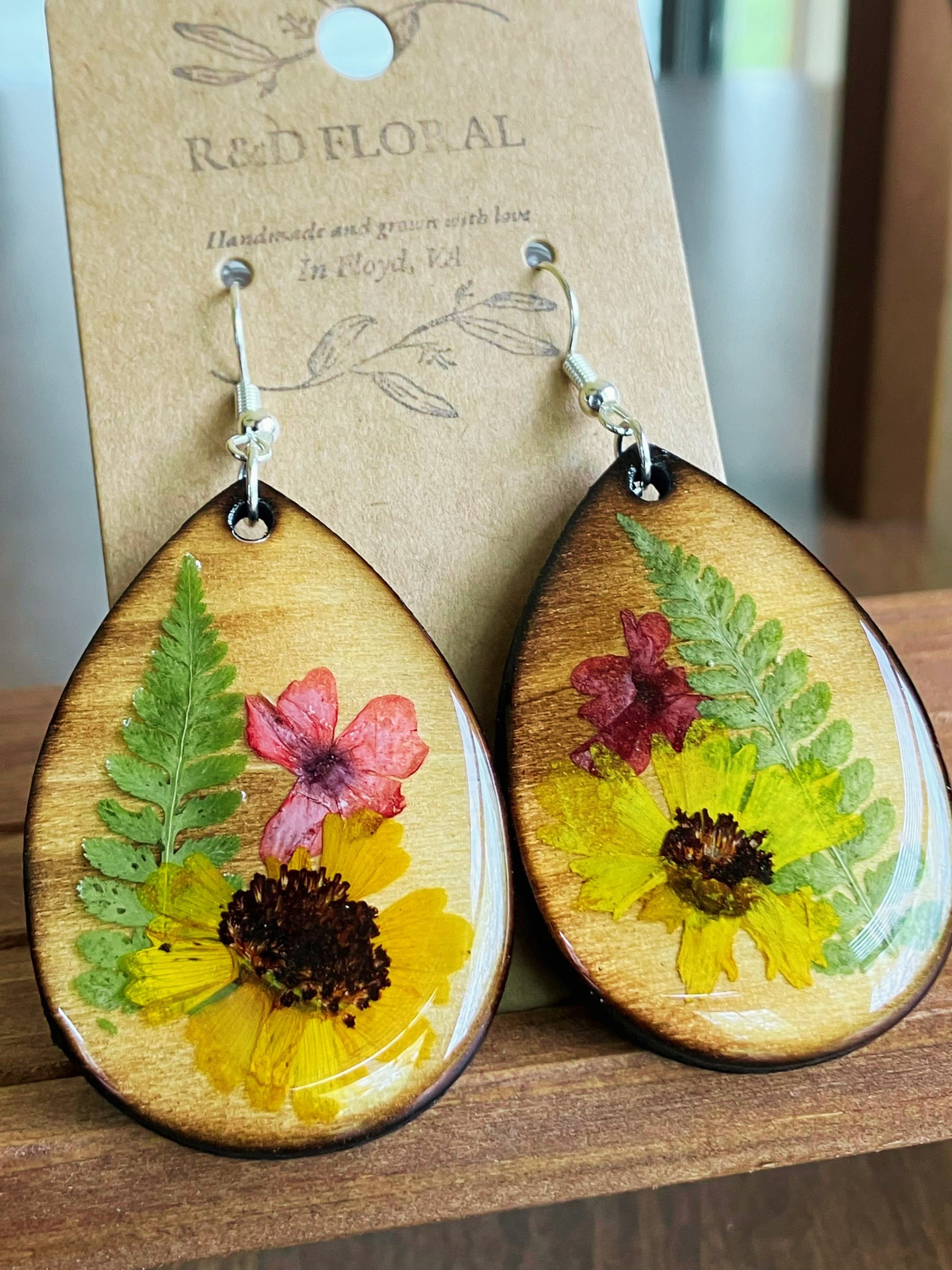 Coreopsis, Verbena & Fern Teardrop Earrings 