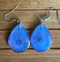 Back view of blue shimmer resin teardrop earrings showing closure