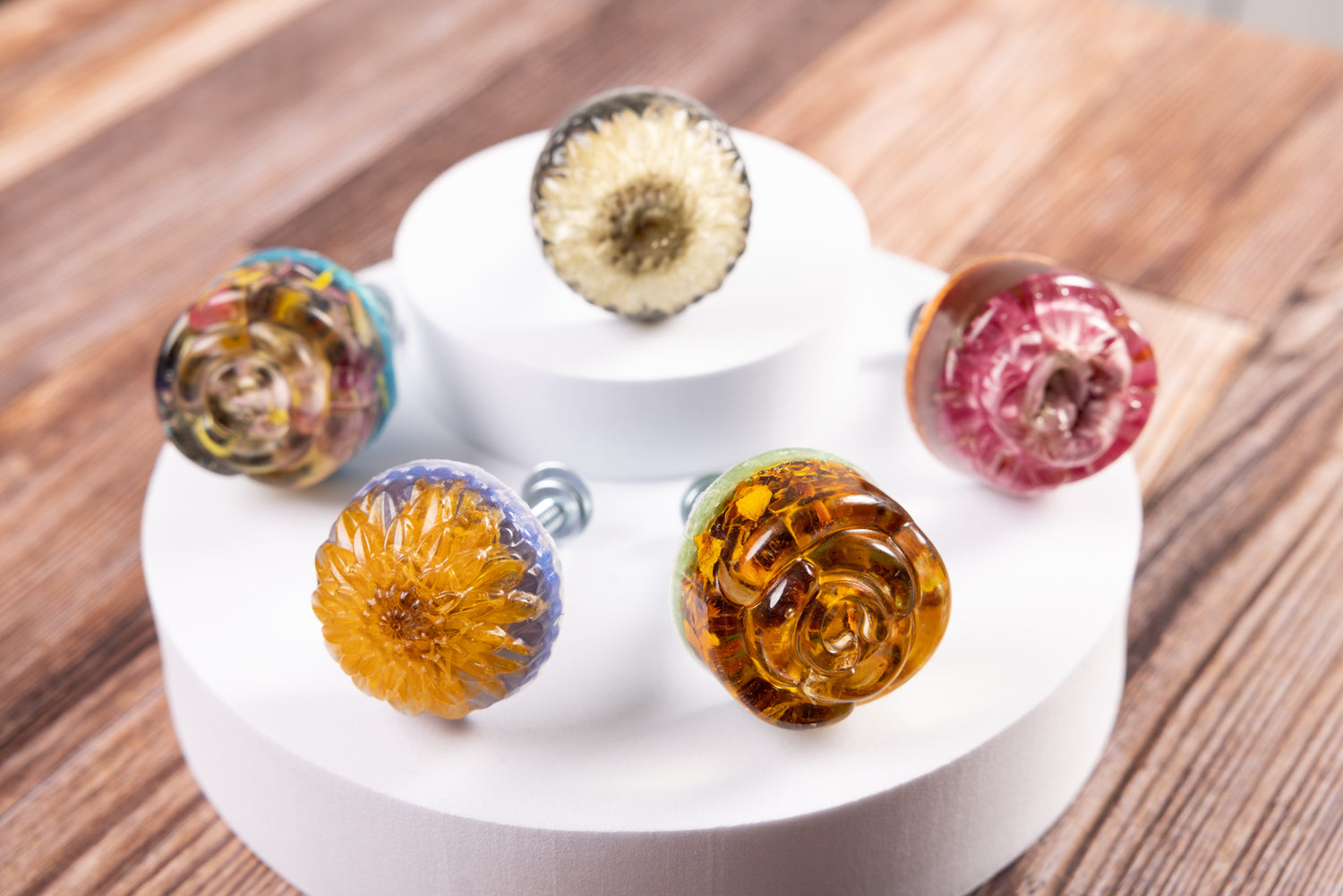 Real flower resin drawer knobs on white tiered display