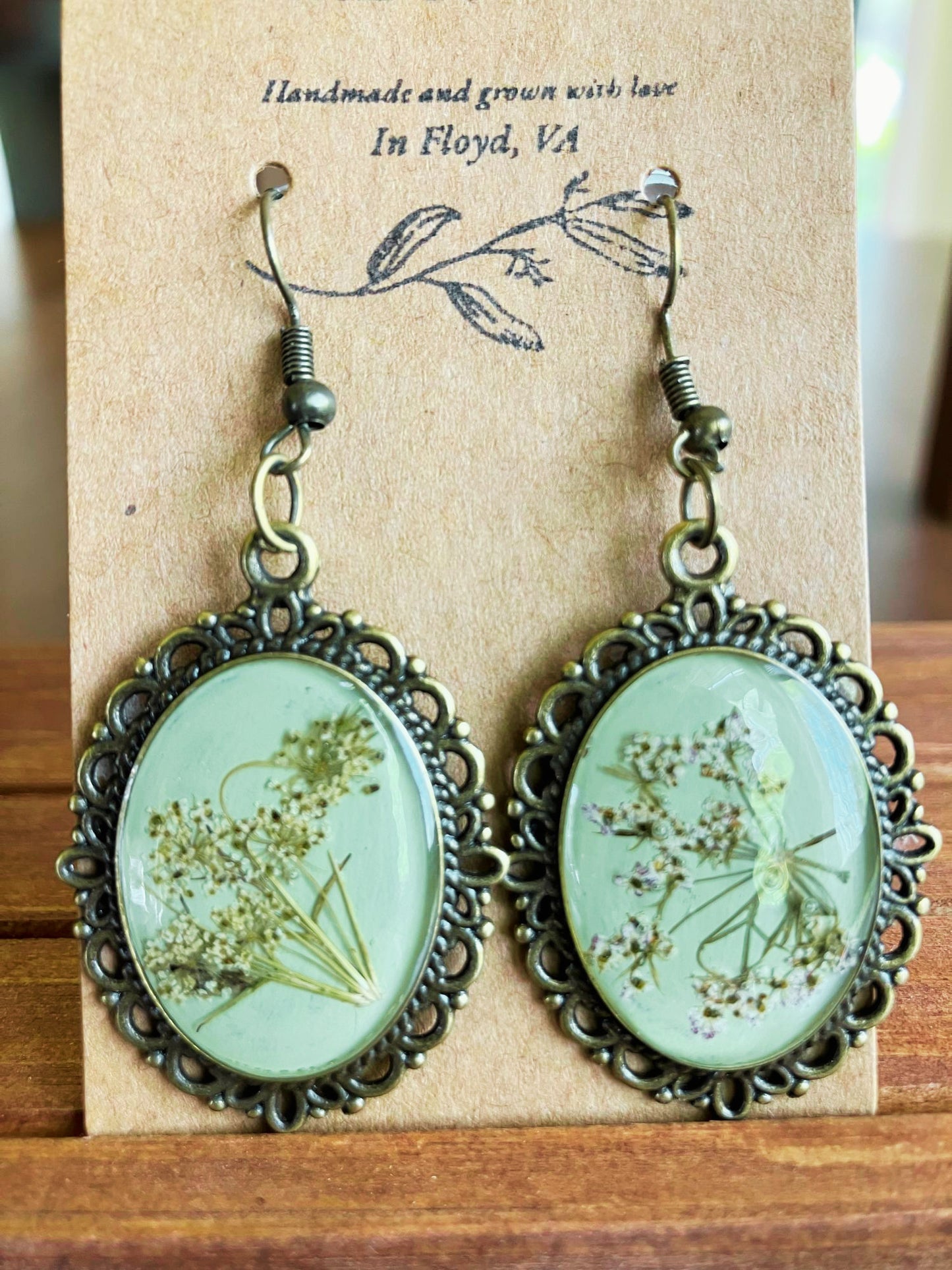 Queen Anne's Lace Victorian Oval Earrings — Real Wildflower Resin Earrings Handcrafted in Virginia