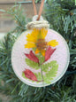 Fern, Salvia, and Coreopsis pressed flower ornament in iridescent resin on jute twine