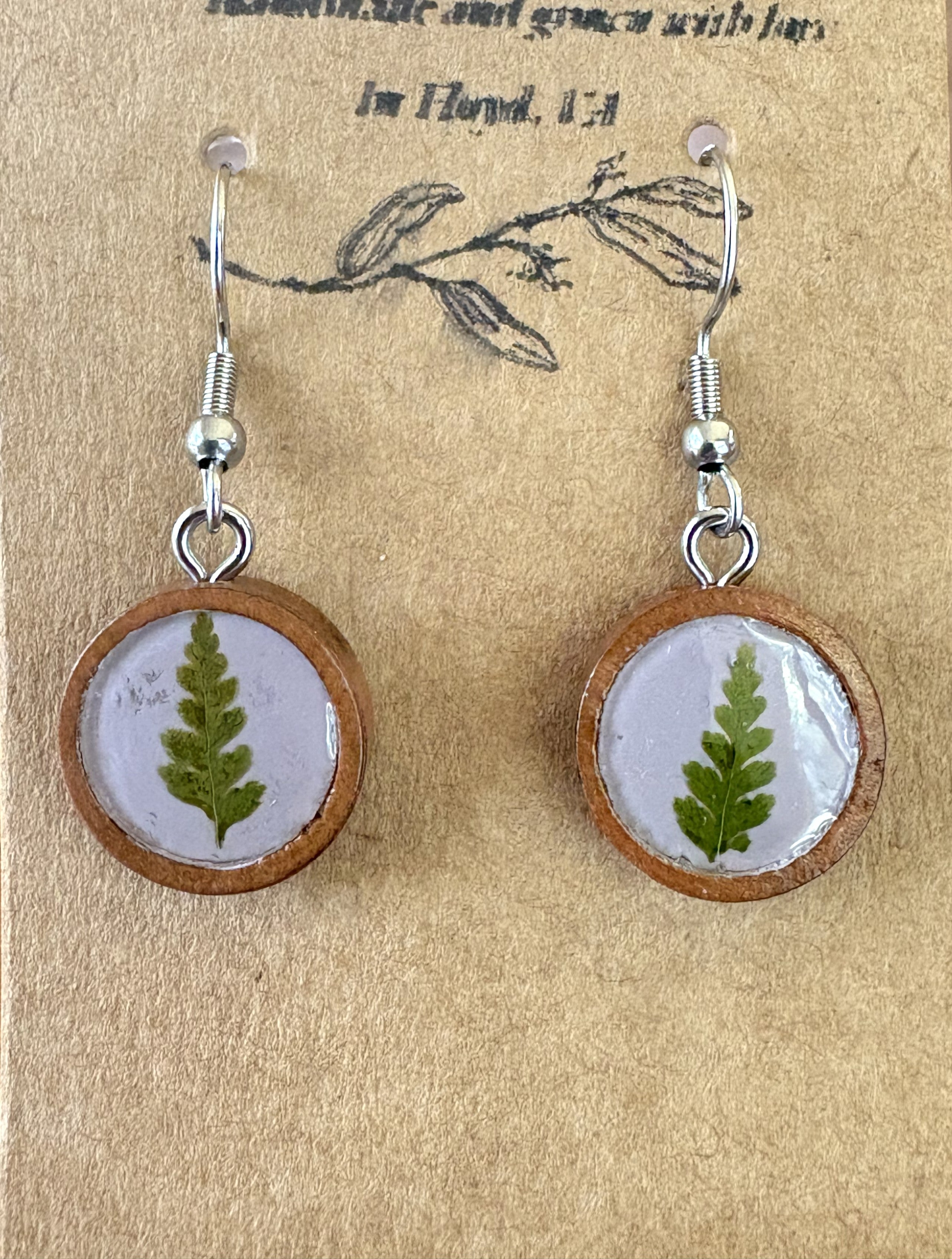 Royal fern small round wooden dangle earrings with pressed fern frond