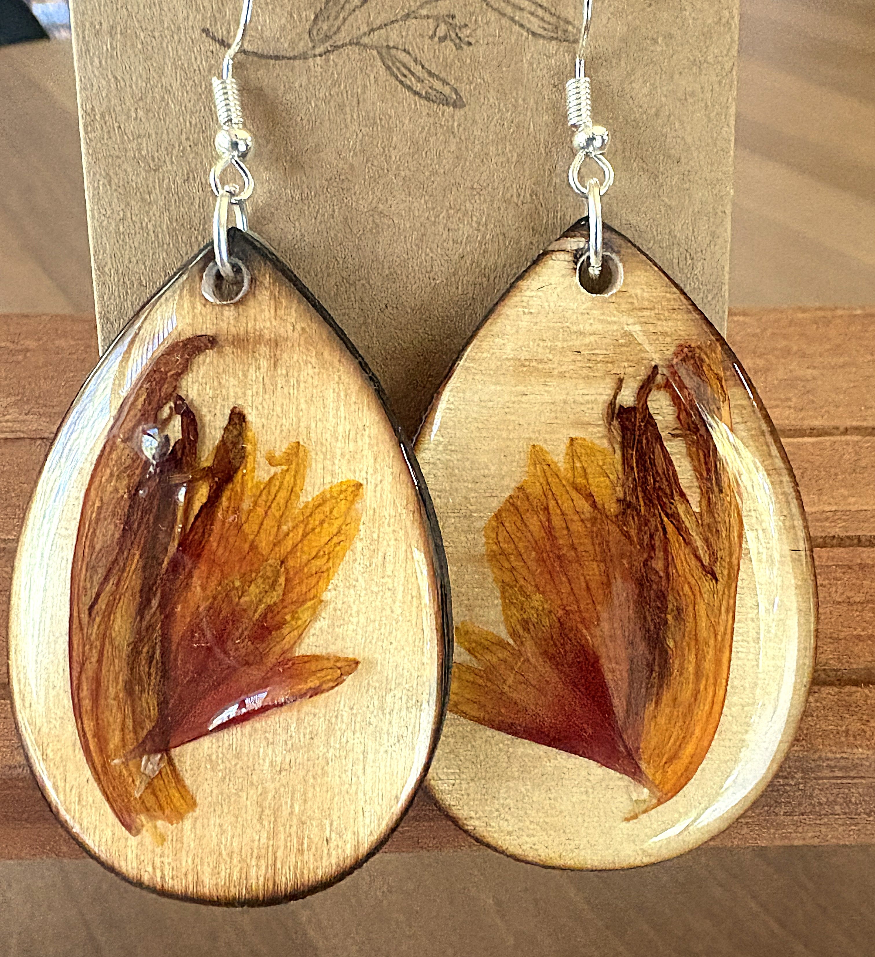 Crocosmia and Gaillardia large wooden teardrop earrings in orange and red tones