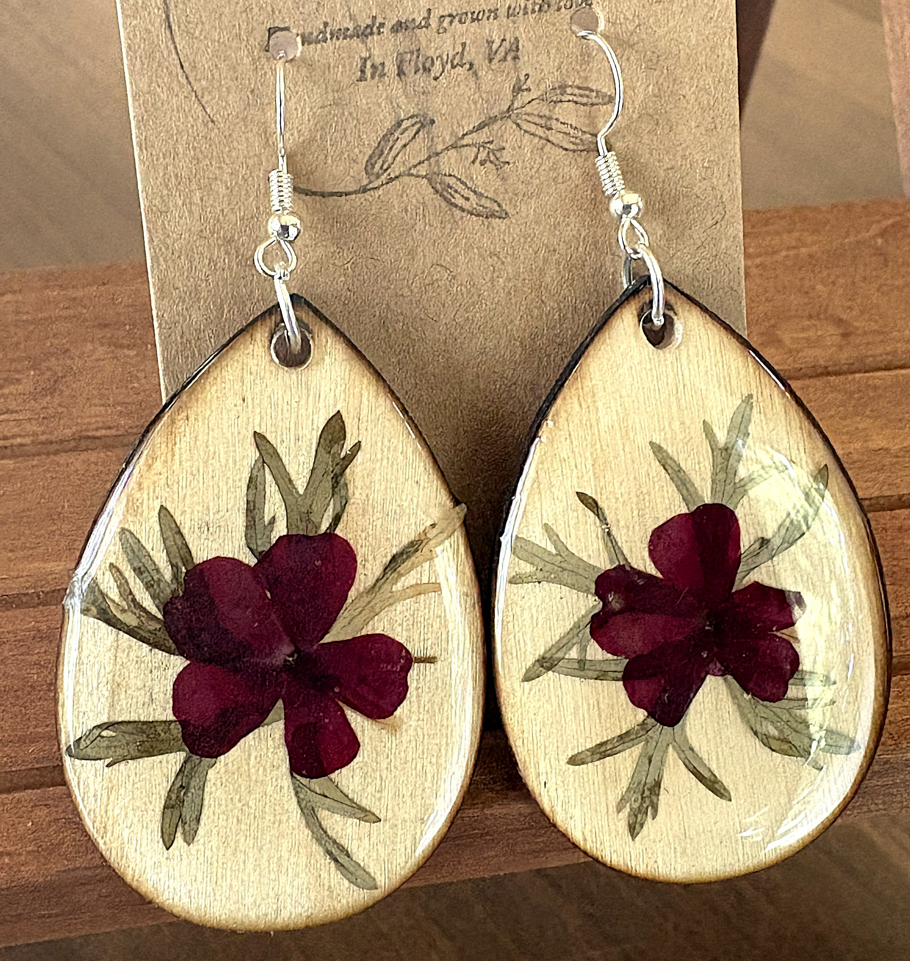 Red Verbena and Artemisia large wooden teardrop earrings