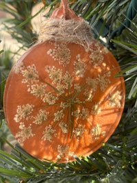 Queen Anne's Lace pressed flower ornament in copper resin on jute twine
