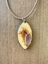 Salvia and Elderberry wooden marquise pendant necklace on cream cord