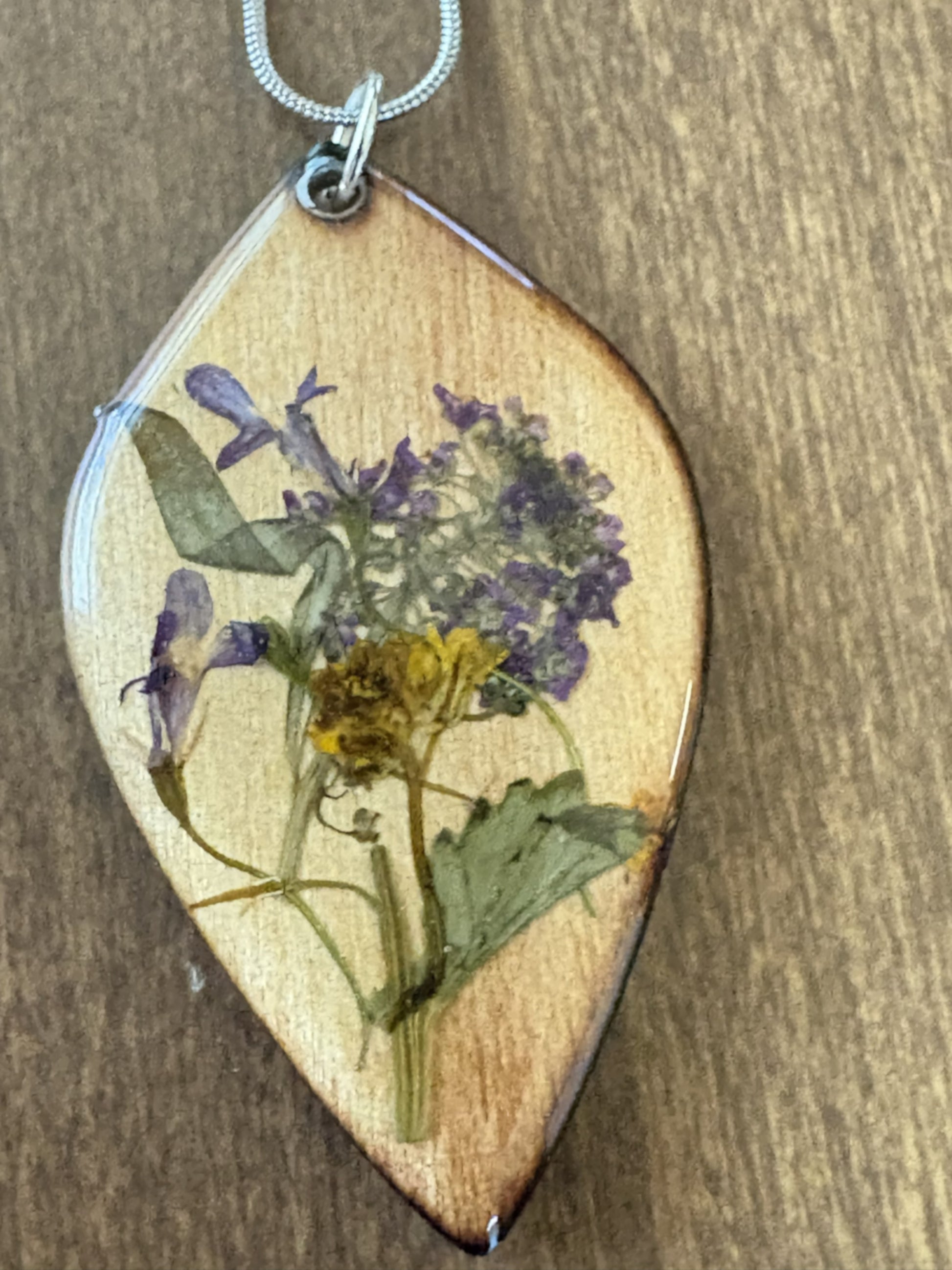 Lobularia and Garlic Mustard wooden pendant necklace on silver chain