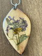 Lobularia and Garlic Mustard wooden pendant necklace on silver chain
