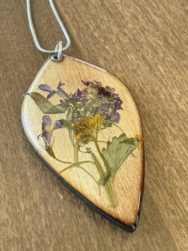 Lobularia and Garlic Mustard wooden pendant necklace angle 2